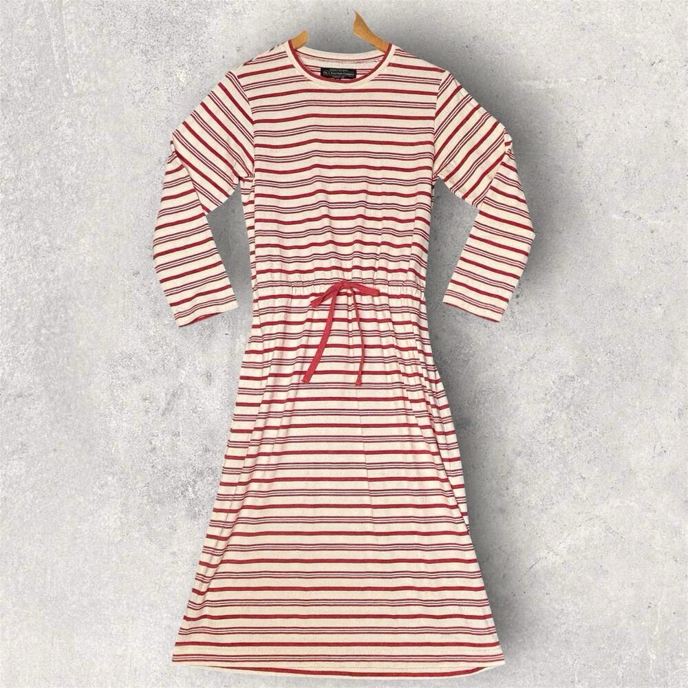 J Peterman Striped Midi Dress XS Red White Drawstring Waist Long Sleeve